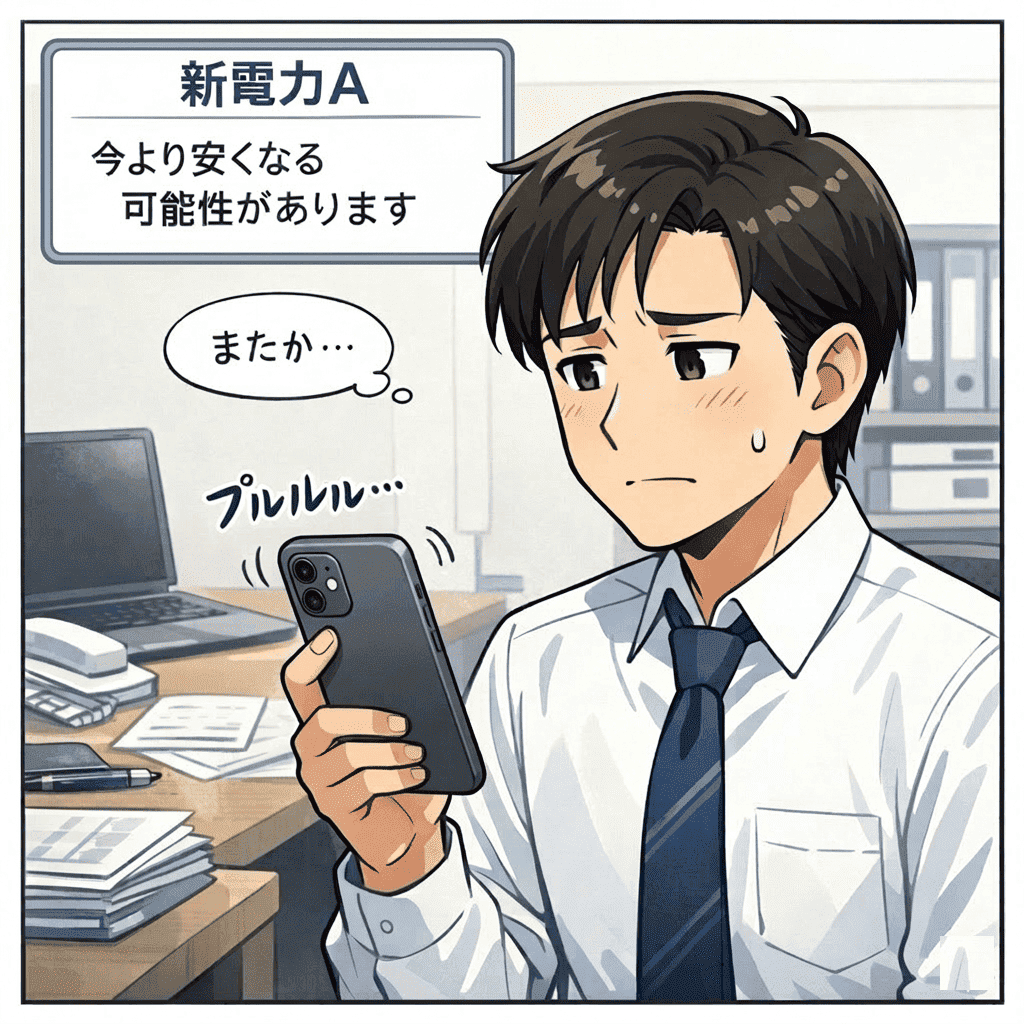 新電力Aからの営業電話で、またかと困る事業者のイラスト