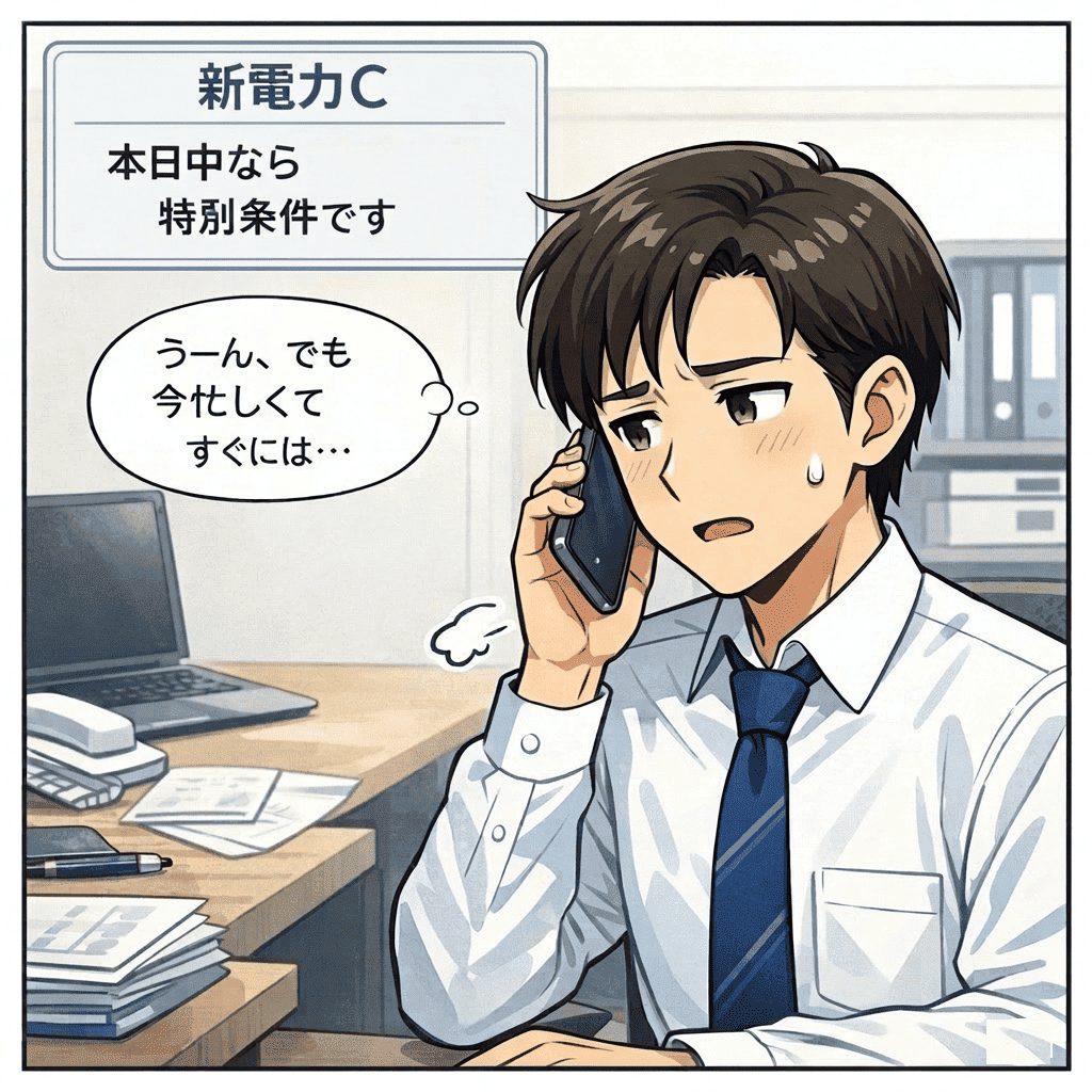 新電力Cから本日中の特別条件と言われて迷う事業者のイラスト