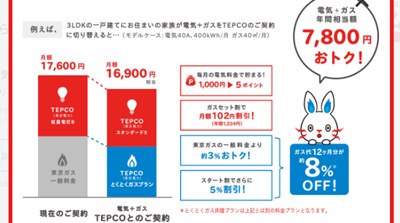 東京電力エナジーパートナーの電気とガスセット「オトク額」