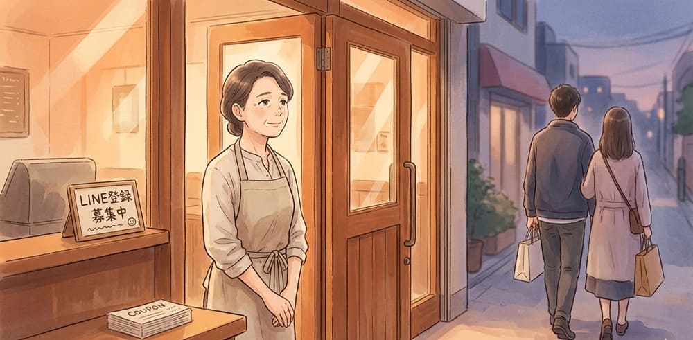 帰っていくお客様の背中を見ながら、「また来てくれたらいいな」と願うだけの店主のイメージイラスト