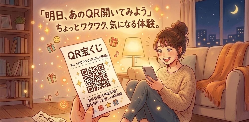 明日、あのQR開いてみようとワクワクしている女の子のイメージイラスト