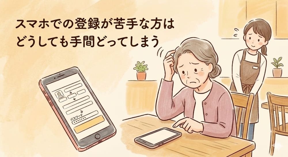 年配のお客様に登録の負担があるイメージイラスト