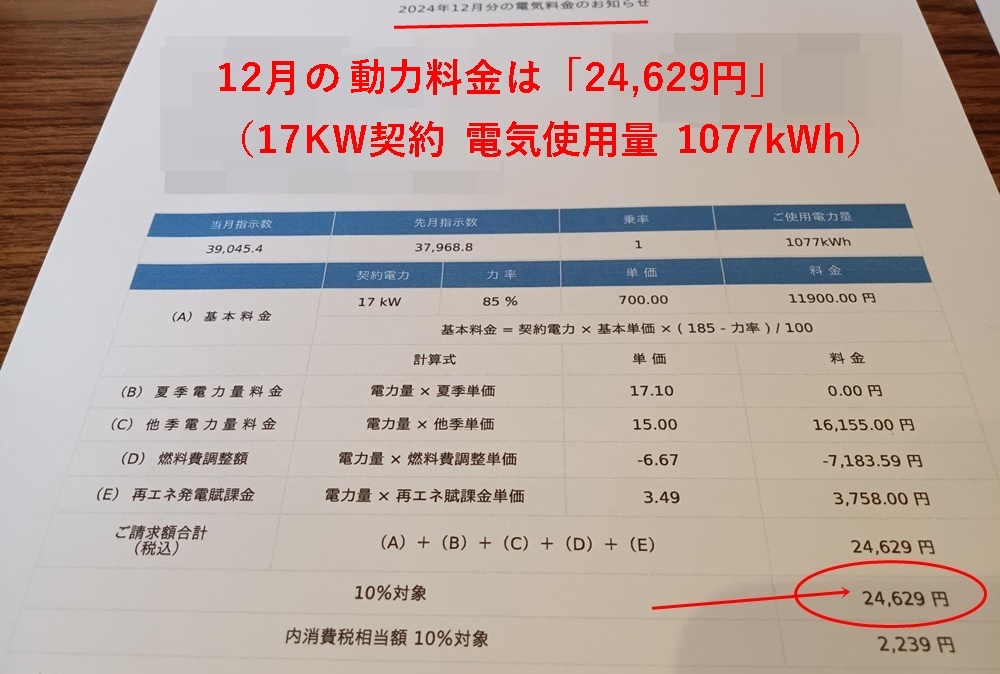 小売店A様の12月分の請求内容（動力）