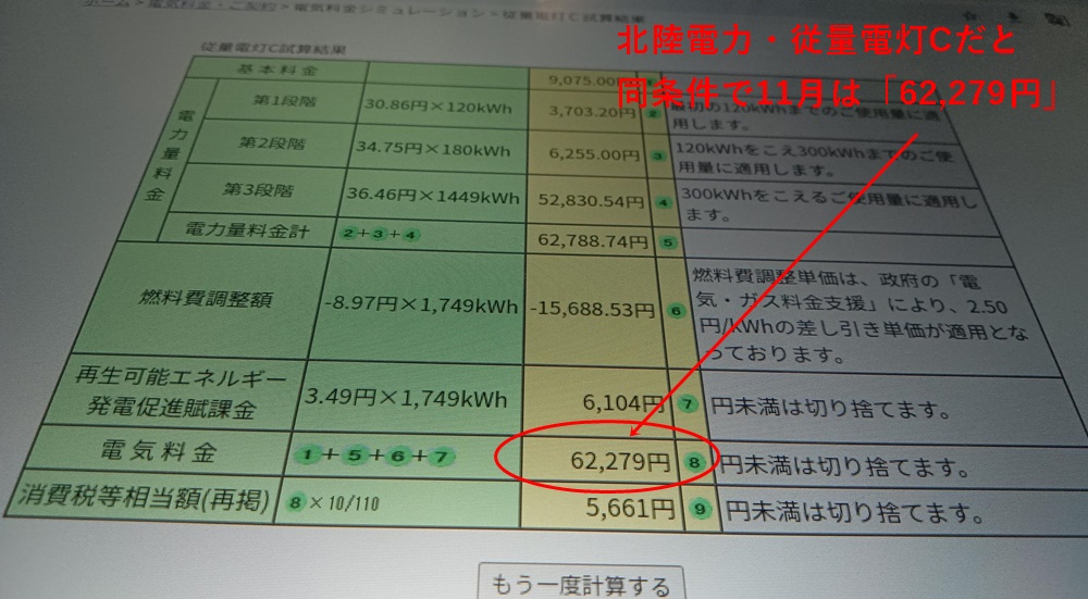 北陸電力株式会社の公式シミュレーション結果（従量電灯C・11月分）