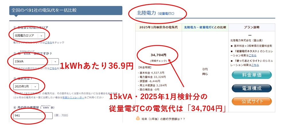 1月分の電気代シミュレーション結果（電灯）