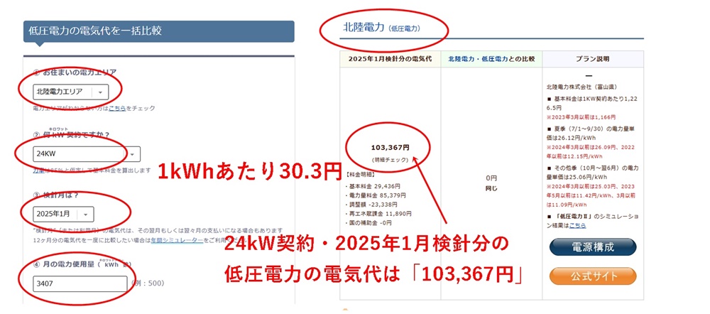 1月分の電気代シミュレーション結果（動力）