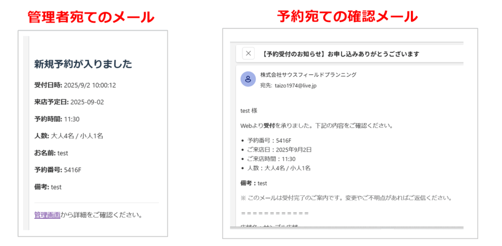 予約完了時のメール